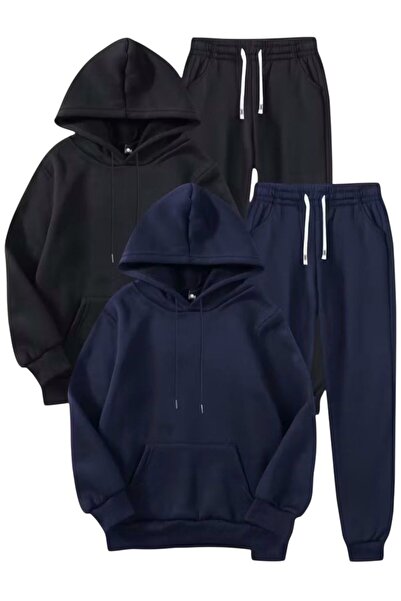 SAAT TEKSTİL Μαύρο Navy Blue oversized Hooded 2 Σετ