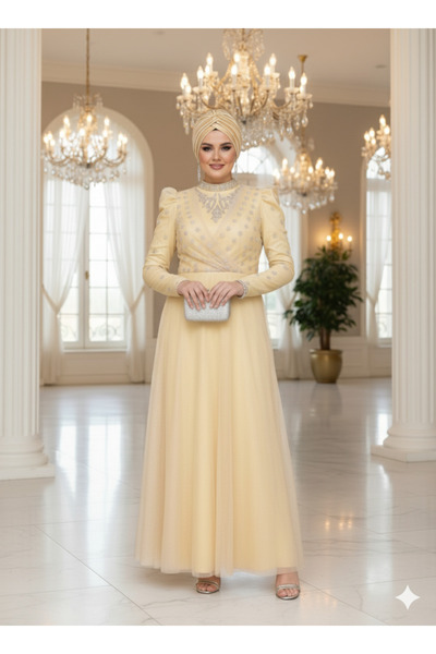 Robes Sim Detaylı Tül Abiye Elbise Uzun Kollu Yüksek Yaka-859