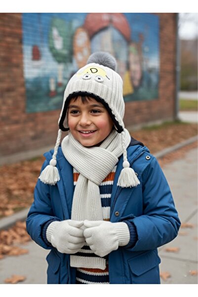 Kitti 4-8 Yaş Erkek Çocuk Polarlı Atkı-Bere-Eldiven Takım