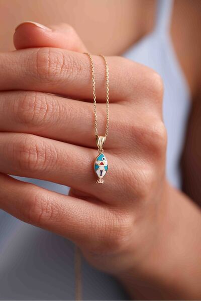 Giza Jewelry 14 Ayar Altın Mix Renkli Mineli Balık Kolye Ucu