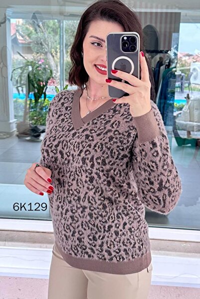 İnce Topuk V-Neck Leopard Pattern Bearded Knitwear Blouse 6K129
