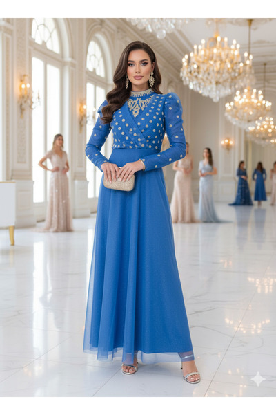 Robes Sim Detaylı Tül Abiye Elbise Uzun Kollu Yüksek Yaka-859