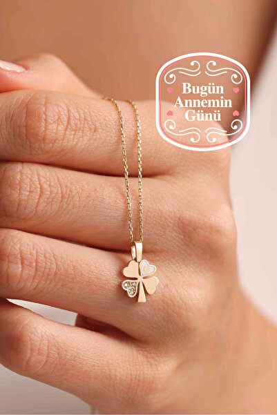 Giza Jewelry 14 Ayar Altın Taşlı Beyaz Mineli Yonca Kolye Ucu