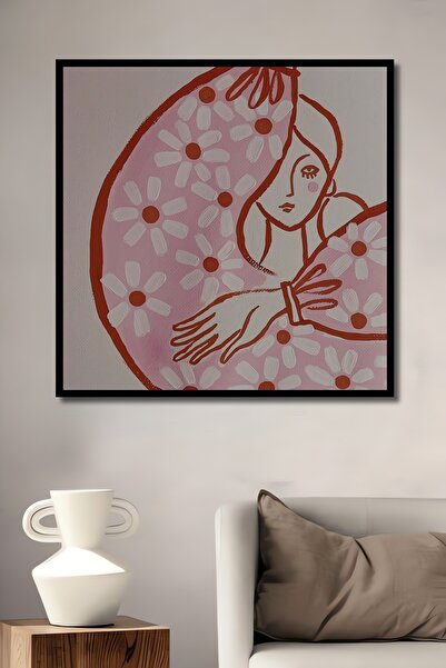 Teona Ahşap Tablou decorativ din lemn dreptunghiular cu flori roz și aspect de cadru feminin