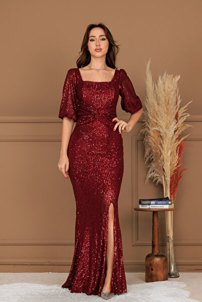 BEYBOS Pul Payet Kumaş Düğüm Detaylı Abiye Elbise - BORDO