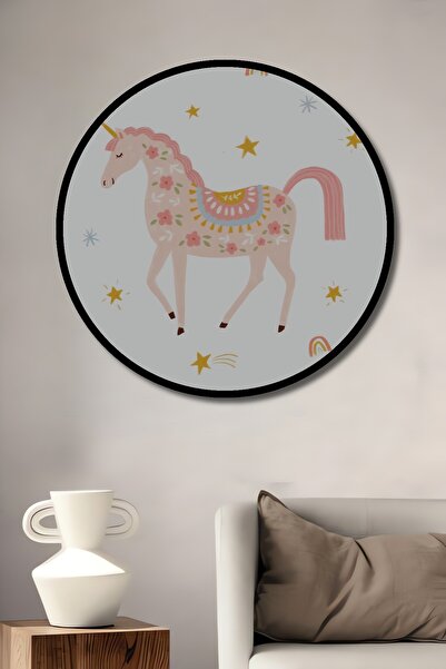 Teona Ahşap Tablou decorativ cu aspect de cadru rotund din lemn, unicorn colo...