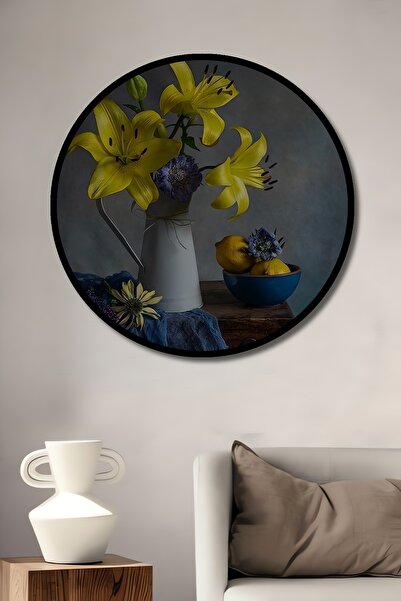 Teona Ahşap Tablou decorativ cu cadru rotund din lemn, cu aspect de crinii galbene și lămâi