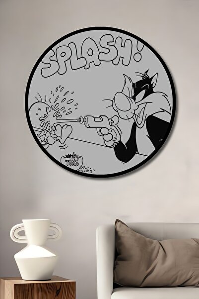 Teona Ahşap Декоративна дървена кръгла рамка за картина с анимационния герой Силвестър Туити