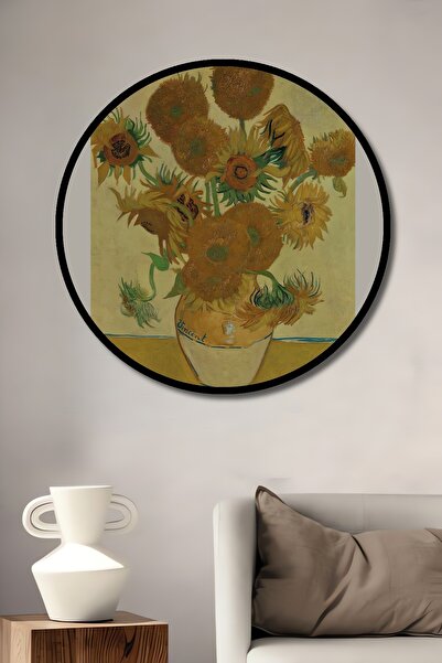 Teona Ahşap Tablou decorativ cu cadru rotund din lemn, Vincent Van Gogh, floarea soarelui