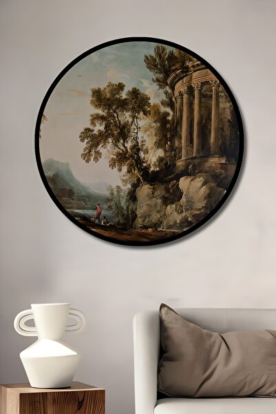 Teona Ahşap Tablou decorativ cu cadru rotund din lemn, peisaj cu ruine antice