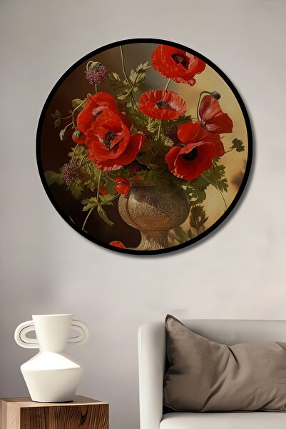 Teona Ahşap Декоративна дървена кръгла рамка за снимка с букет от макови цветя