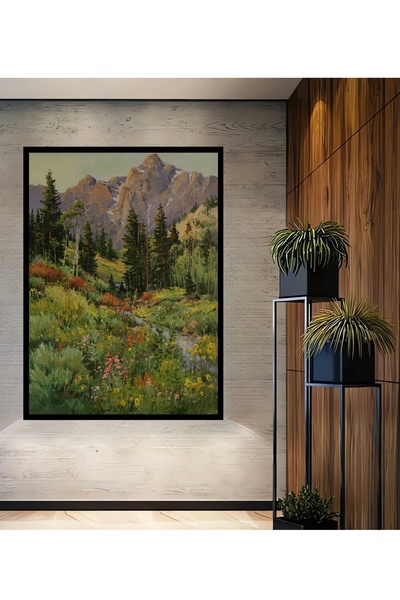 Teona Ahşap Tablou decorativ din lemn dreptunghiular cu vedere la cadru cu peisaj de munte înflorit