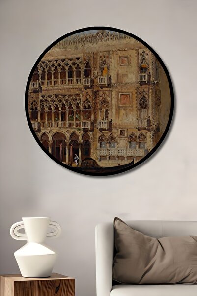 Teona Ahşap Tablou decorativ cu cadru rotund din lemn Aspectul frumuseții canalilor din Veneția
