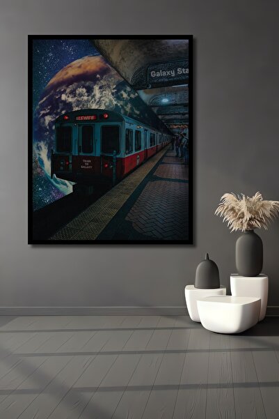 Teona Ahşap Tablou decorativ din lemn dreptunghiular cu aspect de cadru de tren Galaxy Station