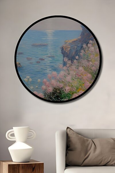 Teona Ahşap Διακοσμητικό Ξύλινο Στρογγυλό Πλαίσιο με Εικόνα Παραθαλάσσιας Παραλίας με Ροζ Λουλούδια