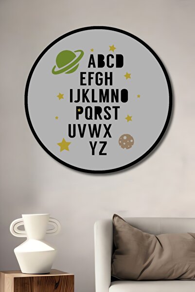 Teona Ahşap Tablou decorativ cu aspect de cadru rotund din lemn Planet Alphabet Stars