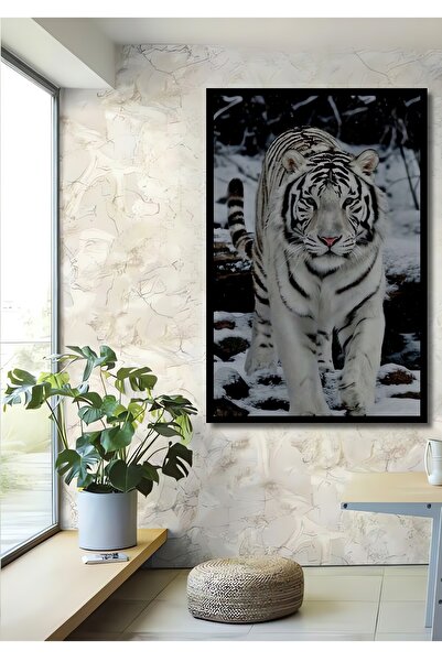 Teona Ahşap Tablou decorativ din lemn dreptunghiular Tigru alb pe zăpadă cu aspect de cadru