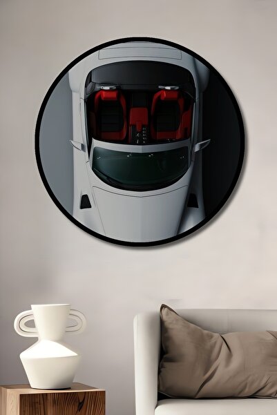 Teona Ahşap Декоративна дървена кръгла рамка с картина „Бяла суперкола от птичи поглед“