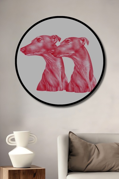 Teona Ahşap Tablou decorativ cu cadru rotund din lemn, câini în lumea imaginii