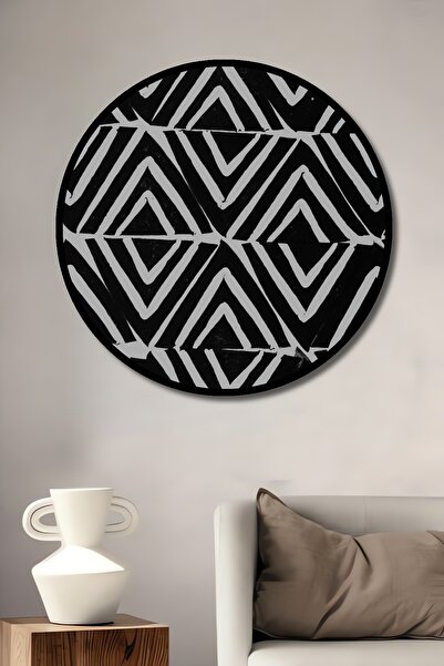 Teona Ahşap Tablou decorativ cu aspect de cadru rotund din lemn, model geometric alb-negru