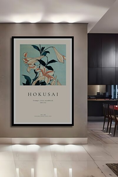 Teona Ahşap Tablou decorativ din lemn dreptunghiular Hokusai cu flori de crin cu aspect de cadru