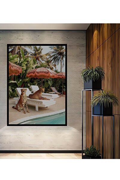 Teona Ahşap Tablă decorativă din lemn, dreptunghiulară, cu aspect de cadru cu două ghepardă lângă piscina