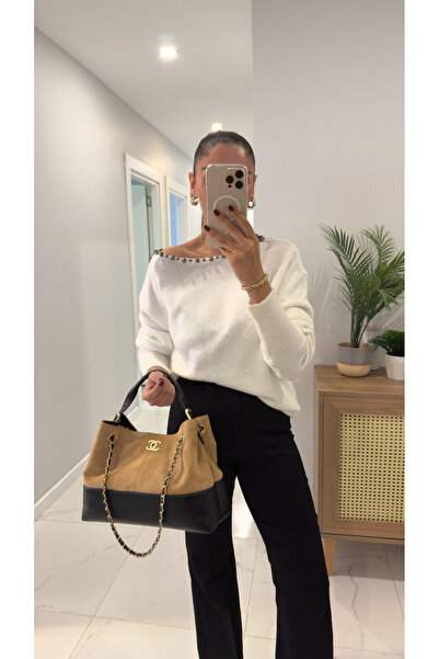 BİRCANÇİL Lonry Ecru Collar Knitwear with Pearls