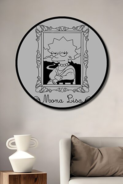 Teona Ahşap Tablou decorativ cu cadru rotund din lemn, aspect parodie al Lisa Simpson Mona Lisa