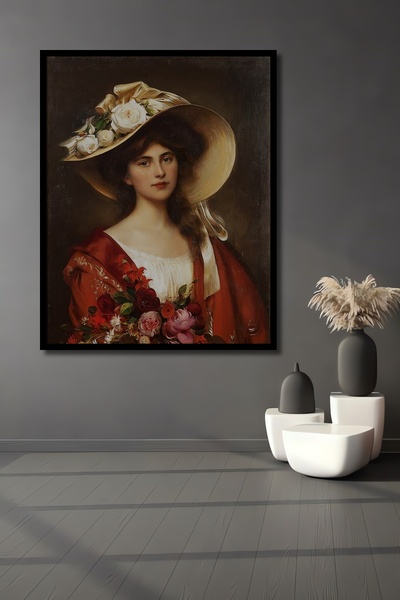 Teona Ahşap Tablou decorativ din lemn dreptunghiular cu aspect de pălărie florală și cadru de femeie tânără