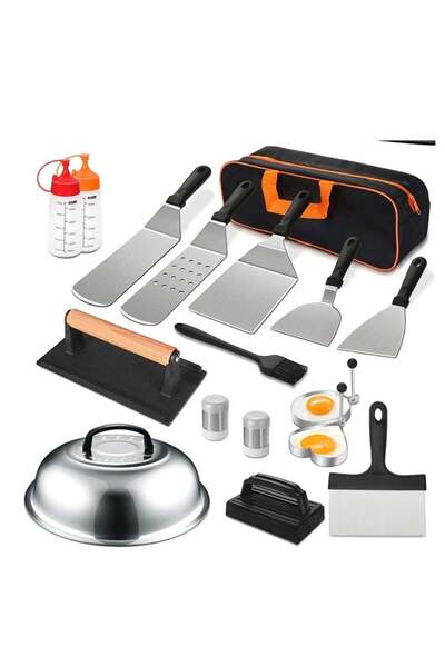 Arabest 17 Piece BBQ Flat Top Grill Accessories Outdoor, Camping Stainless Steel Metal Spatula Tool Set