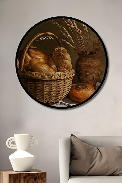 Teona Ahşap Tablou decorativ cu cadru rotund din lemn, cu aspect de boabe de grâu și pâine