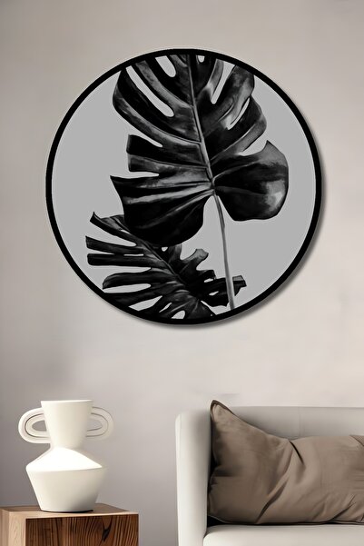 Teona Ahşap Декоративна дървена картина в кръгла рамка с черни листа от монстера