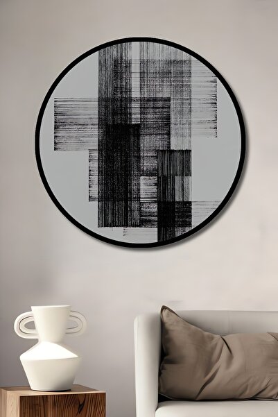 Teona Ahşap Decorative Wooden Round Frame Look Table Black and White Geometric Art