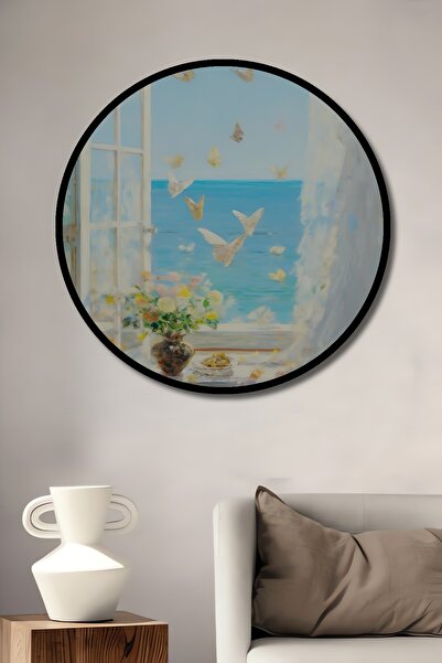 Teona Ahşap Tablou decorativ cu aspect de cadru rotund din lemn, fereastră de...