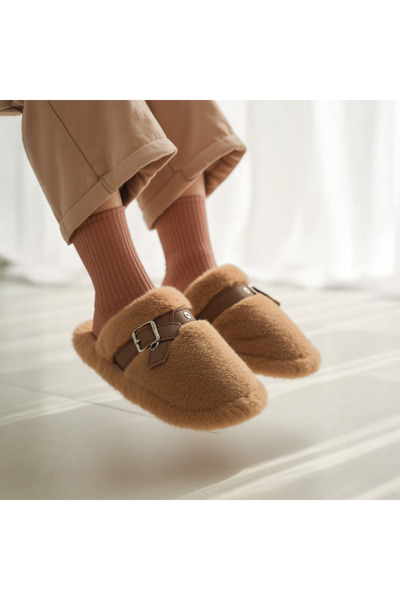 OEM Fluffy and warm slippers for women, with decorative buckle applique, WP-8219