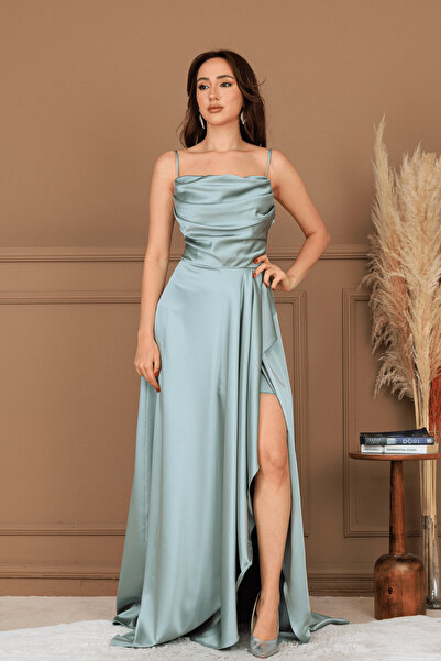 BEYBOS Saten Kumaş Sırtı İpli Abiye Elbise - ÇAĞLA