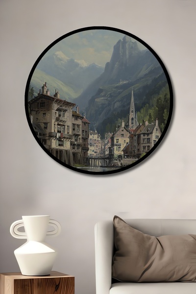 Teona Ahşap Tablou decorativ cu aspect de cadru rotund din lemn, peisaj de or...