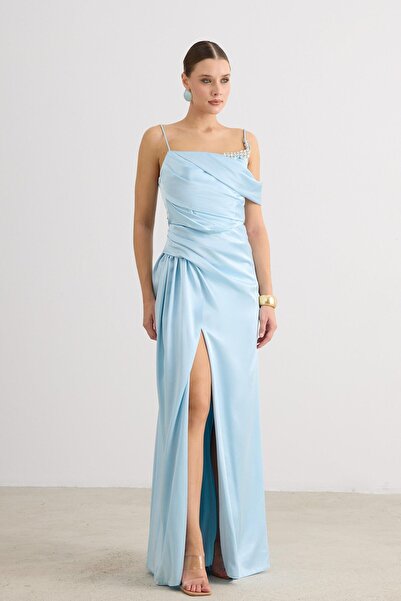 Carmen Bebe Mavi Askılı Yırtmaçlı Saten Abiye Elbise
