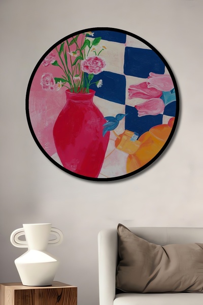 Teona Ahşap Tablou decorativ cu aspect de cadru rotund din lemn, flori într-o...