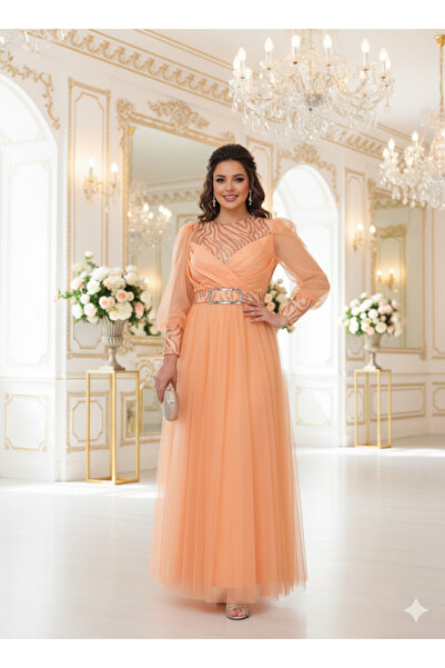 Robes Tül Uzun Abiye Elbise Balon Kollu Simli Payet Desenli Kemerli-841