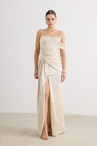 Carmen Taş Askılı Yırtmaçlı Saten Abiye Elbise