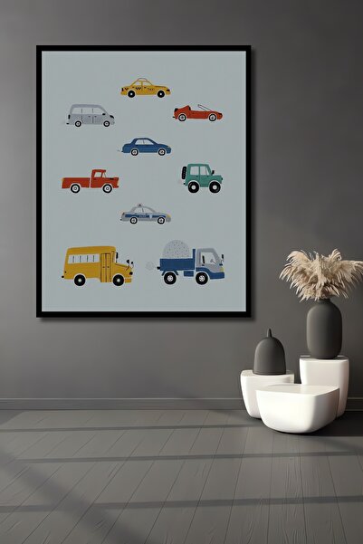 Teona Ahşap Διακοσμητικό ξύλινο ορθογώνιο πίνακα με πολύχρωμη συλλογή οχημάτω...