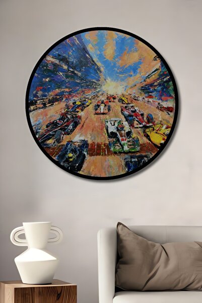 Teona Ahşap Διακοσμητικό ξύλινο στρογγυλό πλαίσιο με εμπριμέ εικόνα Αγωνιστικό αυτοκίνητο σε αγωνιστική πίστα