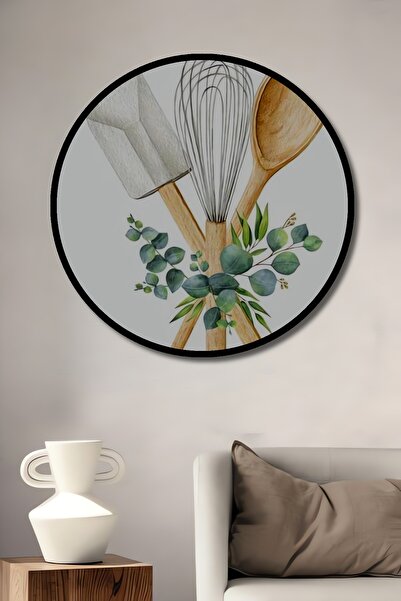 Teona Ahşap Tablou decorativ cu cadru rotund din lemn, cu aspect de ustensile...