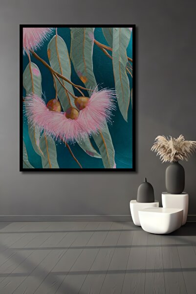 Teona Ahşap Tablou decorativ din lemn dreptunghiular cu flori roz și frunze cu aspect de cadru