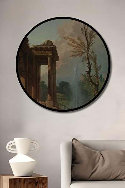 Teona Ahşap Tablou decorativ cu cadru rotund din lemn, aspect peisaj cu ruine antice