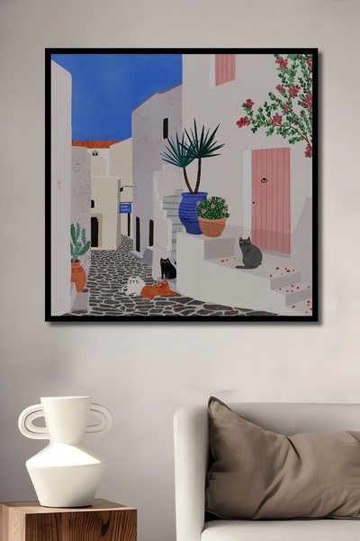 Teona Ahşap Tablou decorativ din lemn dreptunghiular Străzi mediteraneene pisică aspect de cadru