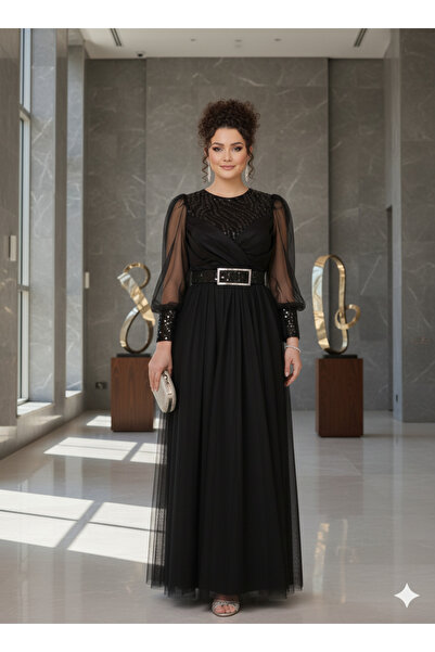 Robes Tül Uzun Abiye Elbise Balon Kollu Simli Payet Desenli Kemerli-841