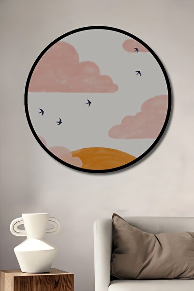 Teona Ahşap Tablou decorativ din lemn cu aspect rotund, apus de soare, nori, păsări