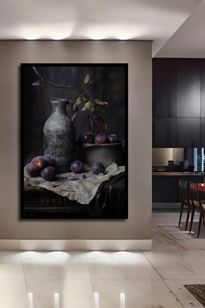 Teona Ahşap Tablou decorativ din lemn dreptunghiular cu prune mov și aspect de rama de vază antică